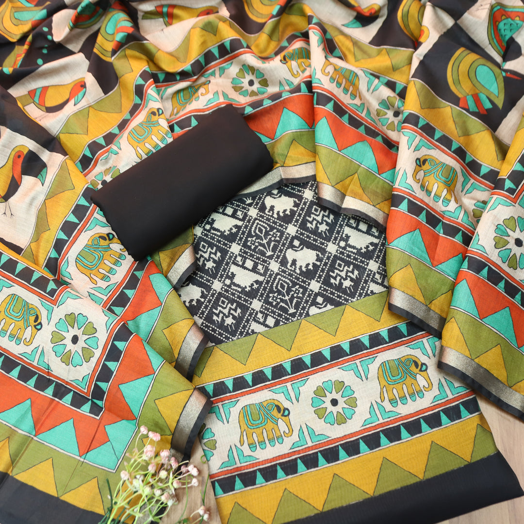 Meena Black Patola Printed Work Maheshwari Chanderi Set