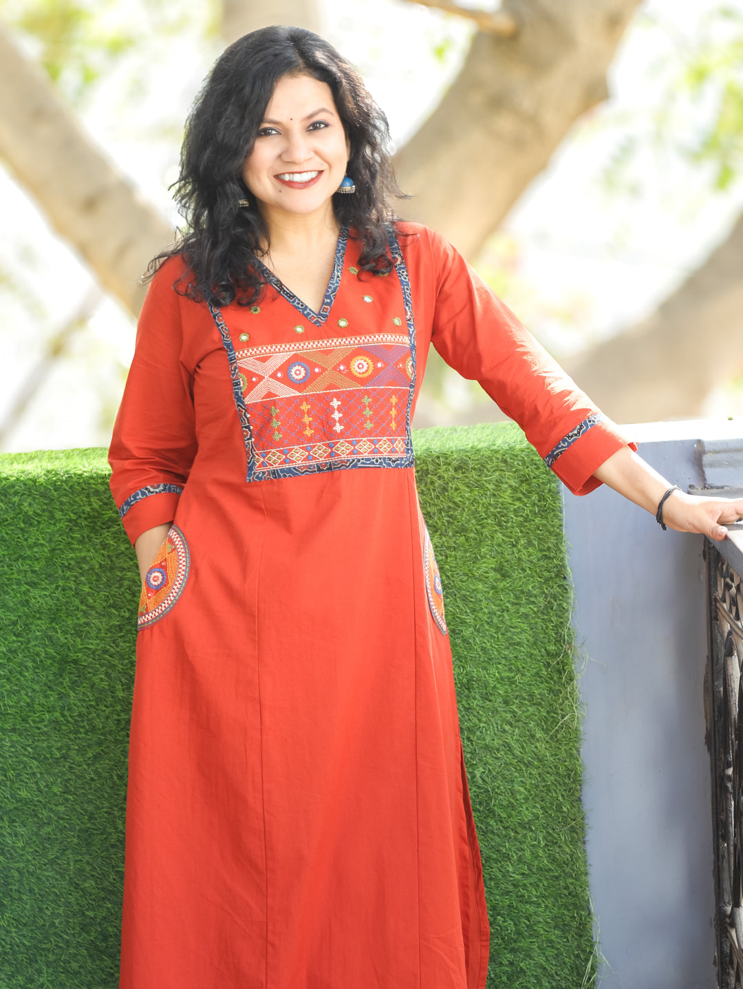 Keshvi Rust Orange Thread Embroiered Neck with Patra Cotton Kurti with Pocket