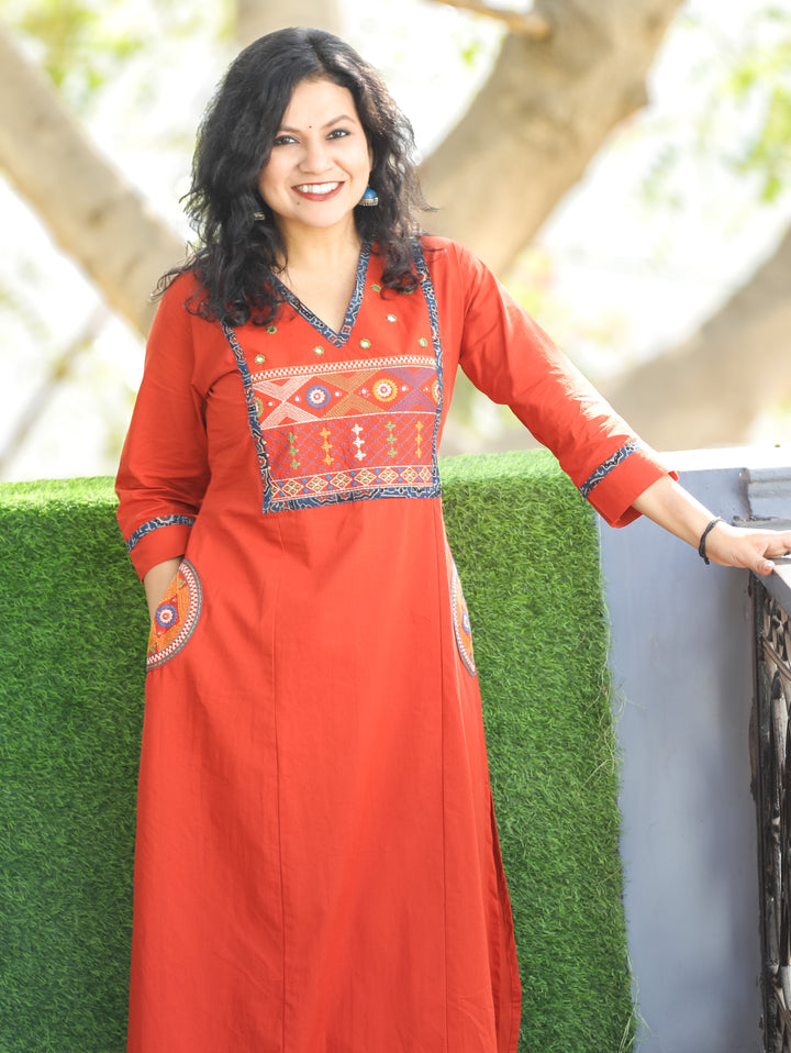 Keshvi Rust Orange Thread Embroiered Neck with Patra Cotton Kurti with Pocket