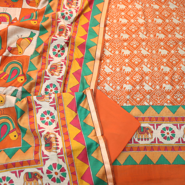 Meena Orange Patola Printed Work Maheshwari Chanderi Set