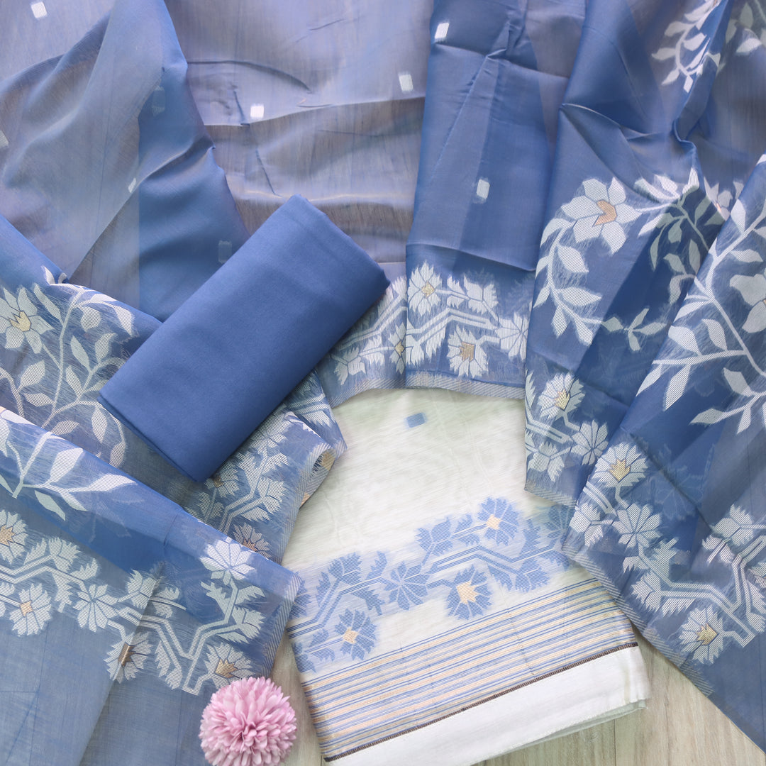 Roop Ivory White with Bluish Grey Authentic Jamdani Weaved Suit Set