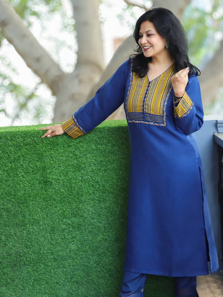 Pratiksha Blue Potli Button Work in Stripe Patch Neck Semi Pashmina Winter Kurti