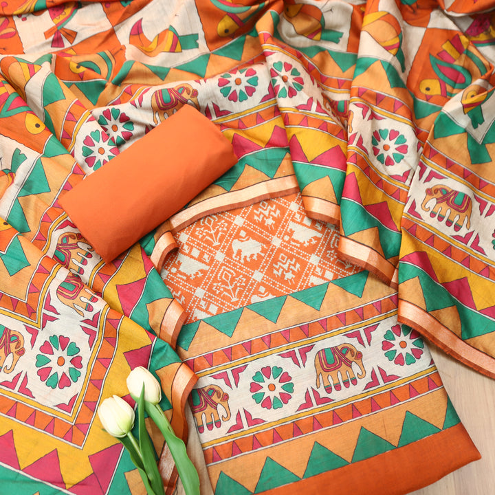 Meena Orange Patola Printed Work Maheshwari Chanderi Set