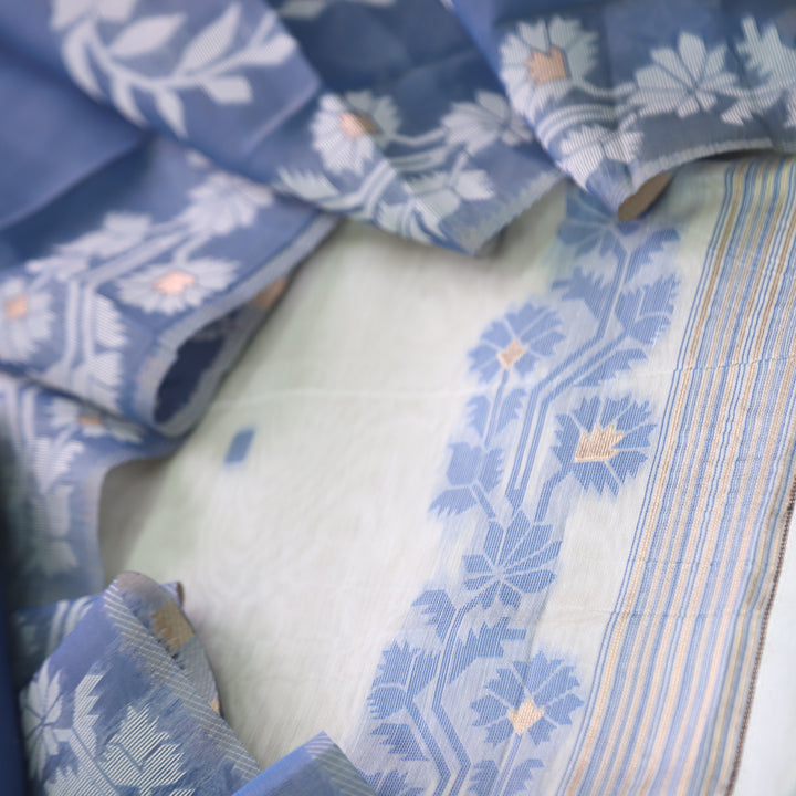 Roop Ivory White with Bluish Grey Authentic Jamdani Weaved Suit Set