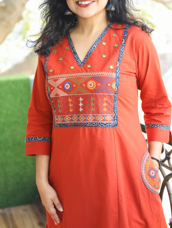 Keshvi Rust Orange Thread Embroiered Neck with Patra Cotton Kurti with Pocket