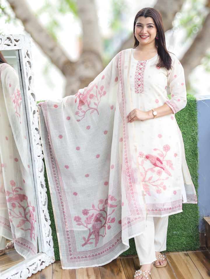 Sofia Off-White Mauve Bird Kota Doriya 3 Piece Set