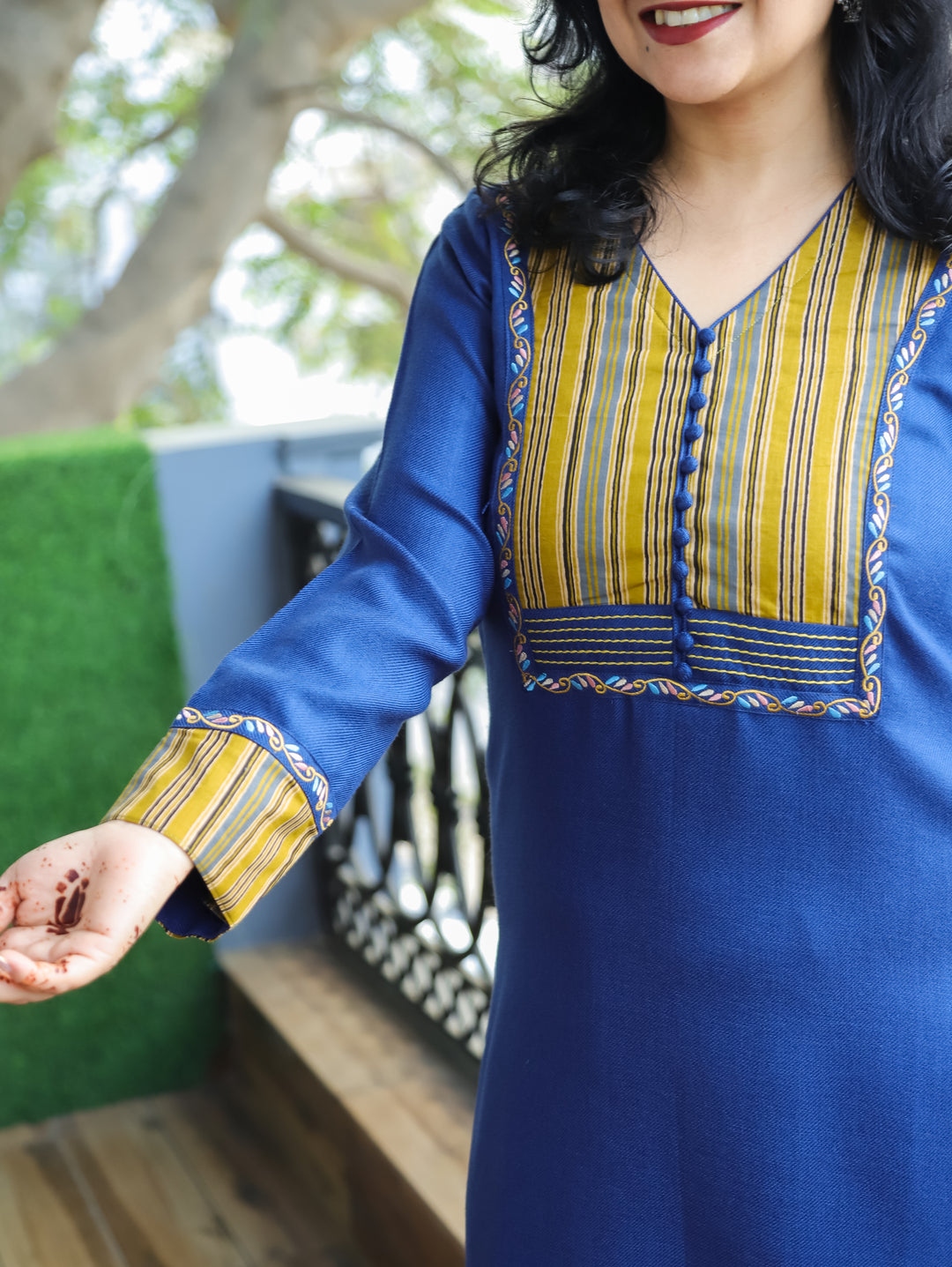 Pratiksha Blue Potli Button Work in Stripe Patch Neck Semi Pashmina Winter Kurti