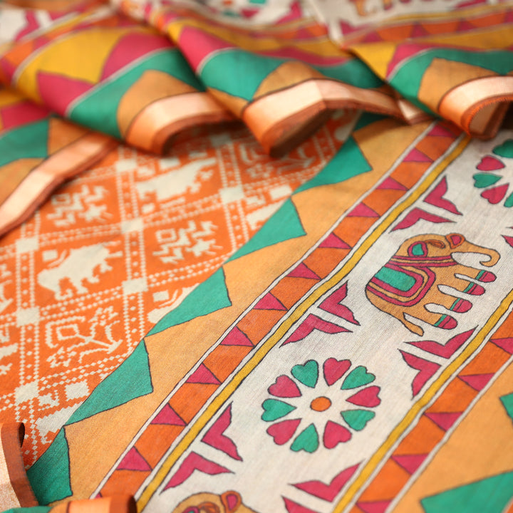 Meena Orange Patola Printed Work Maheshwari Chanderi Set