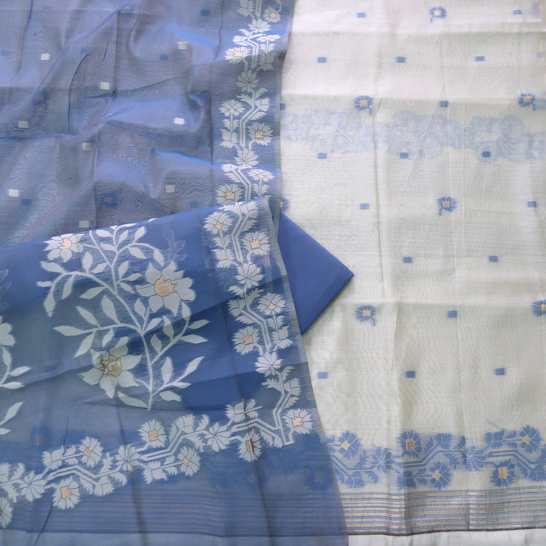 Roop Ivory White with Bluish Grey Authentic Jamdani Weaved Suit Set