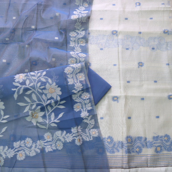 Roop Ivory White with Bluish Grey Authentic Jamdani Weaved Suit Set
