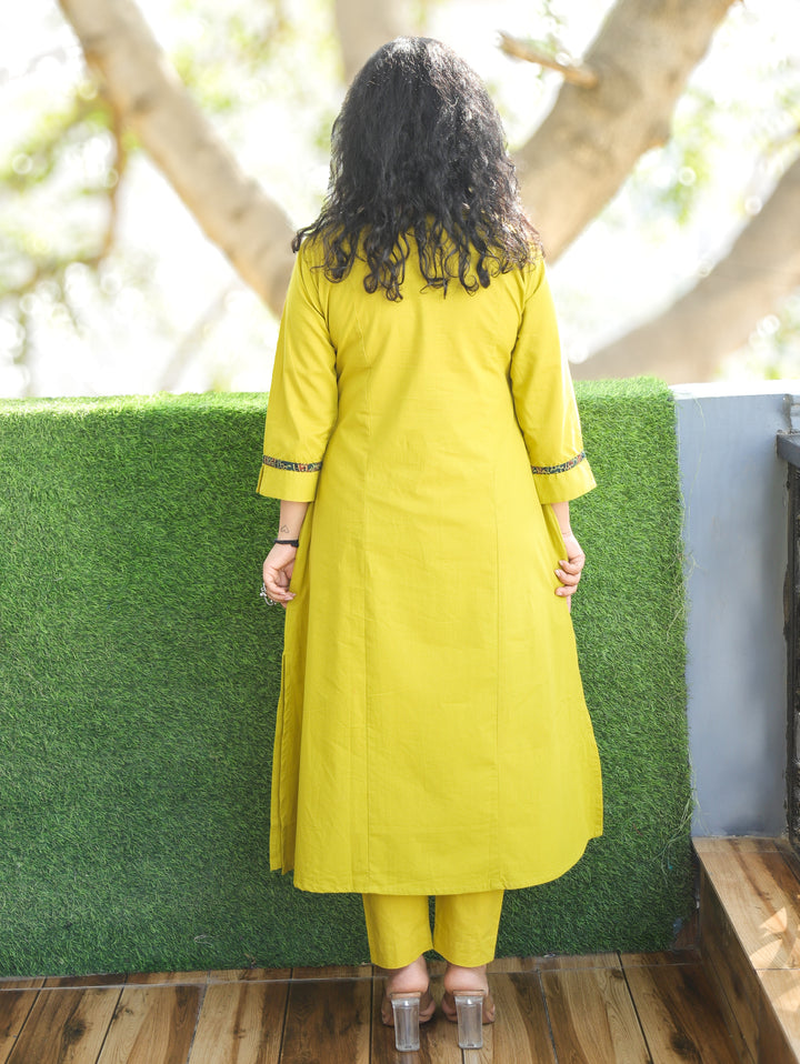 Keshvi Lime Yellow Thread Embroiered Neck with Patra Cotton Kurti with Pocket