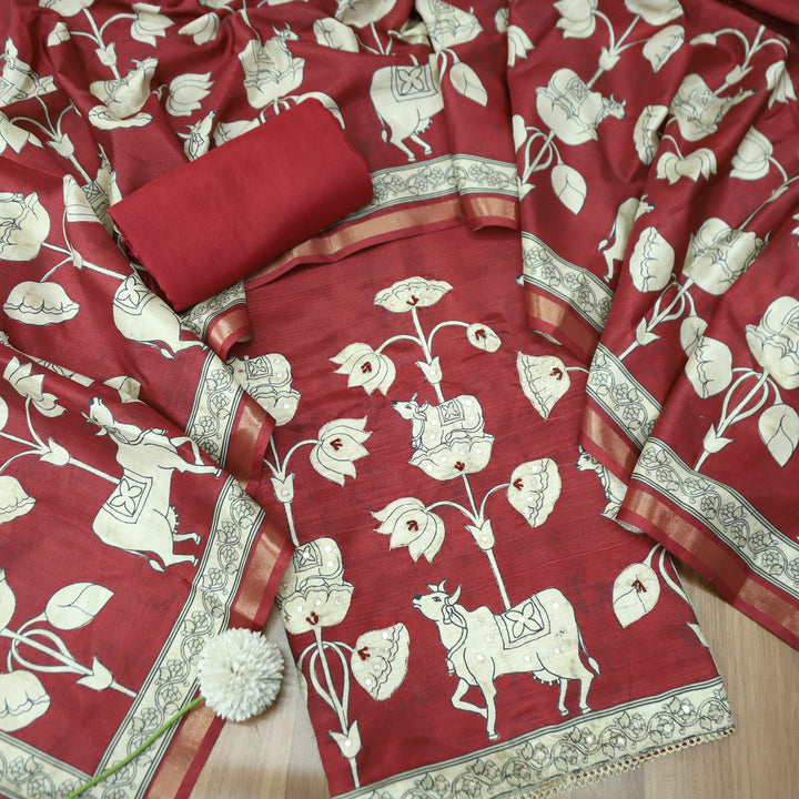 Saatvi Cherry Jam Red Pichwai Print with Zari Patra Work Tussar Chanderi Silk Set