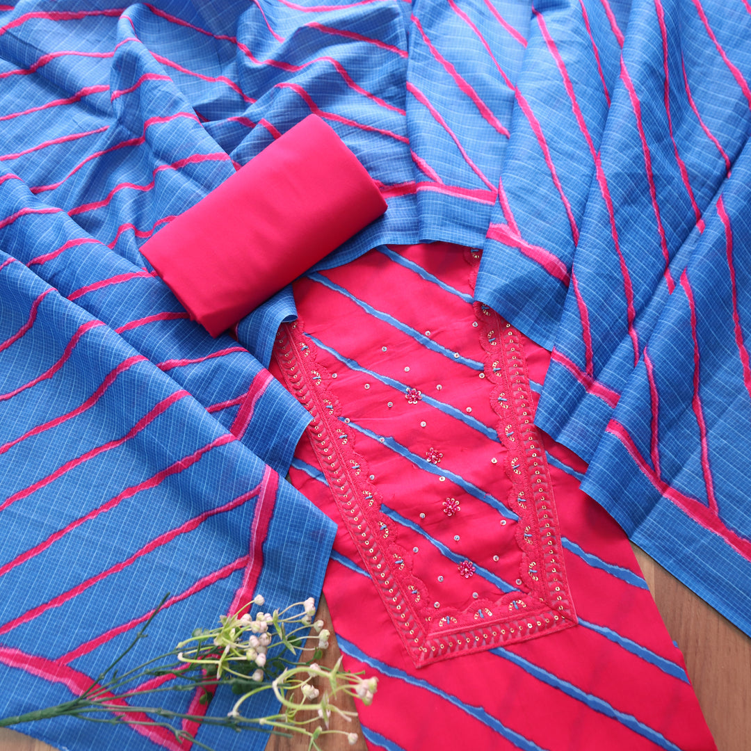 Ragini Strawberry Pink French Knot Yoke Leheriya Printed Cotton Set