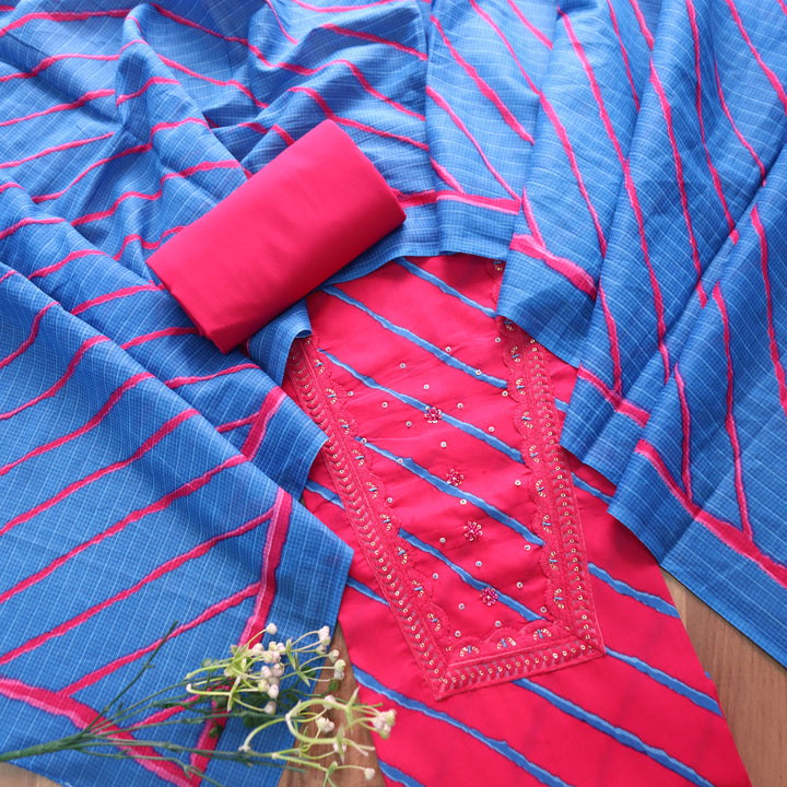 Ragini Strawberry Pink French Knot Yoke Leheriya Printed Cotton Set