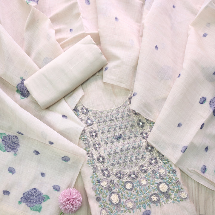Marjaniya Beige Blue Thread Embroidered Neck Work Jamdani Suit Set