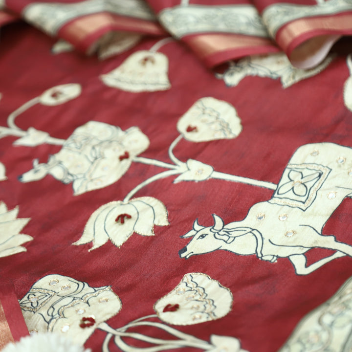 Saatvi Cherry Jam Red Pichwai Print with Zari Patra Work Tussar Chanderi Silk Set