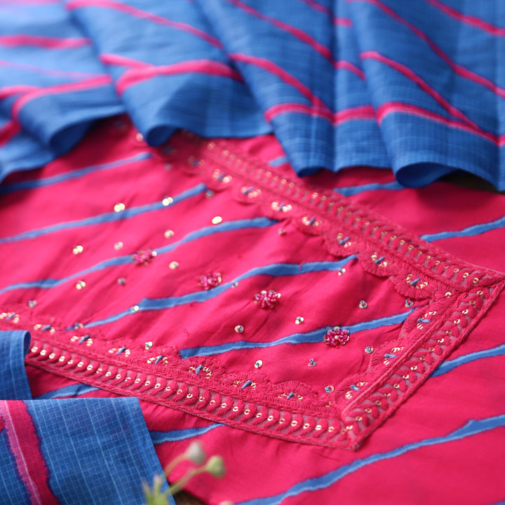 Ragini Strawberry Pink French Knot Yoke Leheriya Printed Cotton Set