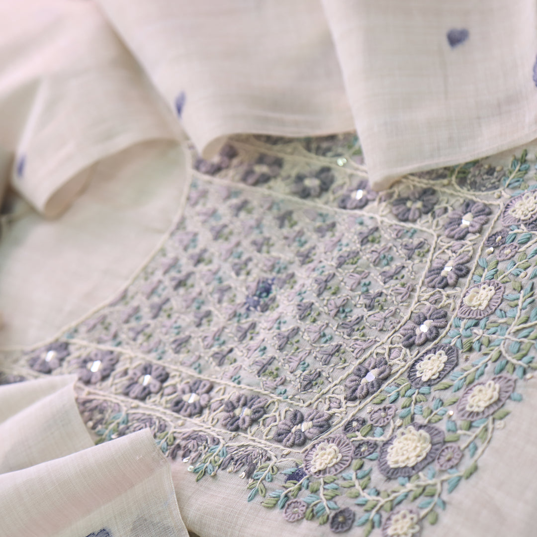 Marjaniya Beige Blue Thread Embroidered Neck Work Jamdani Suit Set