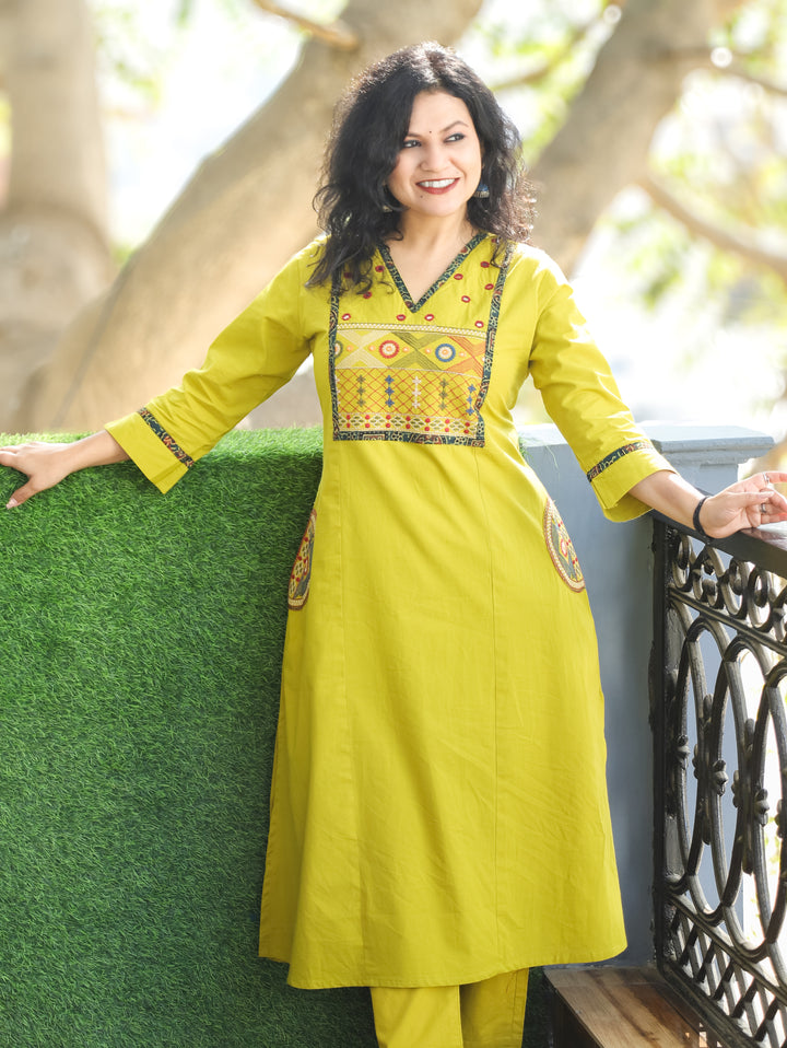 Keshvi Lime Yellow Thread Embroiered Neck with Patra Cotton Kurti with Pocket