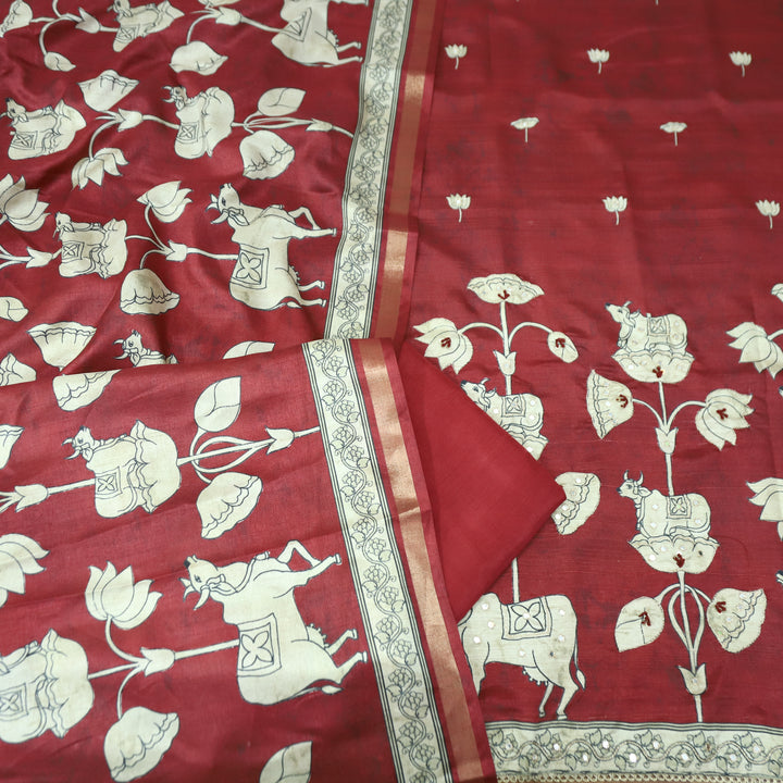 Saatvi Cherry Jam Red Pichwai Print with Zari Patra Work Tussar Chanderi Silk Set