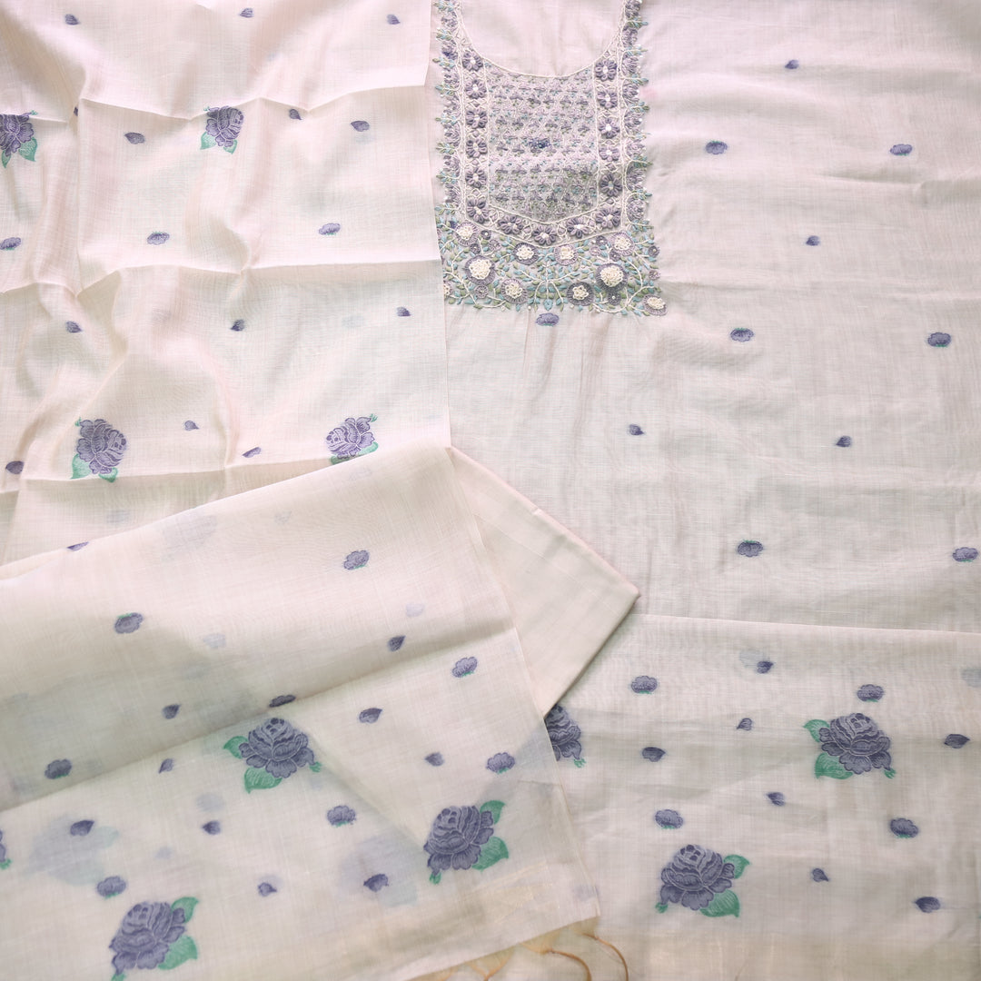 Marjaniya Beige Blue Thread Embroidered Neck Work Jamdani Suit Set