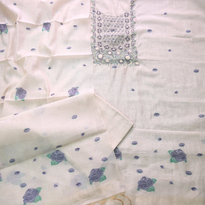 Marjaniya Beige Blue Thread Embroidered Neck Work Jamdani Suit Set