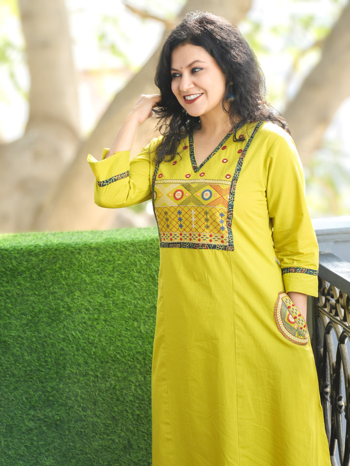 Keshvi Lime Yellow Thread Embroiered Neck with Patra Cotton Kurti with Pocket