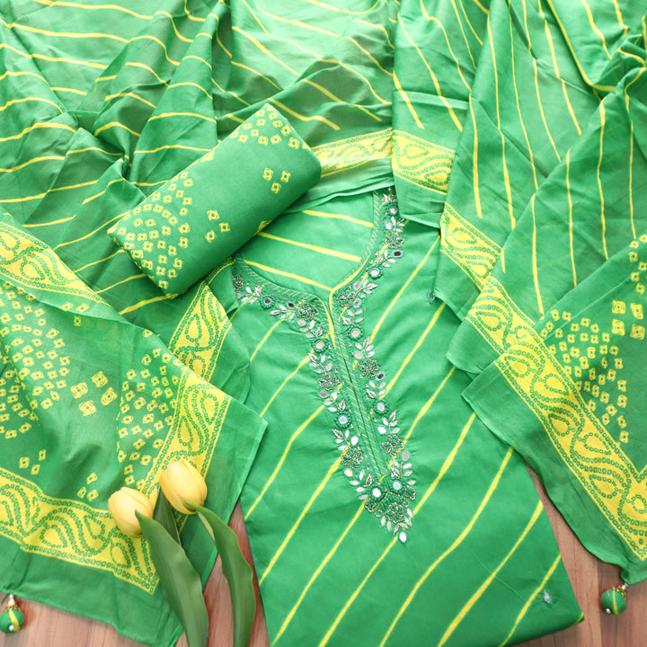 Bilori Broccoli Green Embellish Neck with Leheriya Print Cotton Set