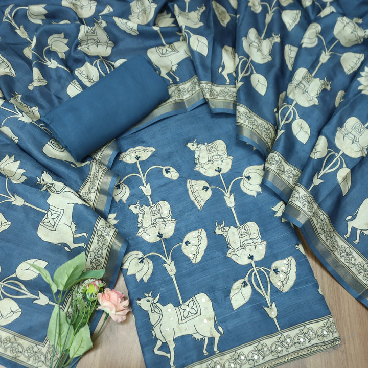 Saatvi Sapphire Blue Pichwai Print with Zari Patra Work Tussar Chanderi Silk Set