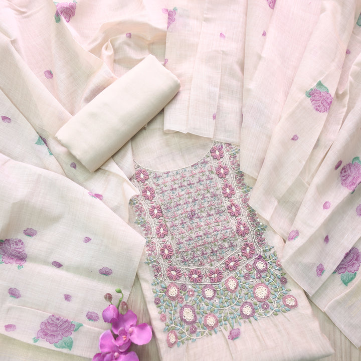 Marjaniya Beige Purple Thread Embroidered Neck Work Jamdani Suit Set