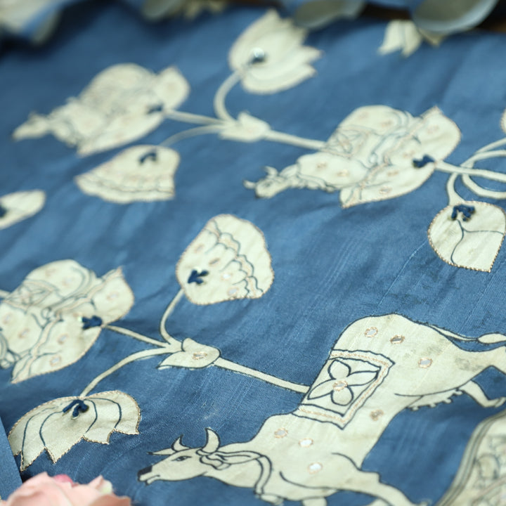 Saatvi Sapphire Blue Pichwai Print with Zari Patra Work Tussar Chanderi Silk Set