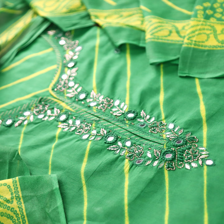 Bilori Broccoli Green Embellish Neck with Leheriya Print Cotton Set