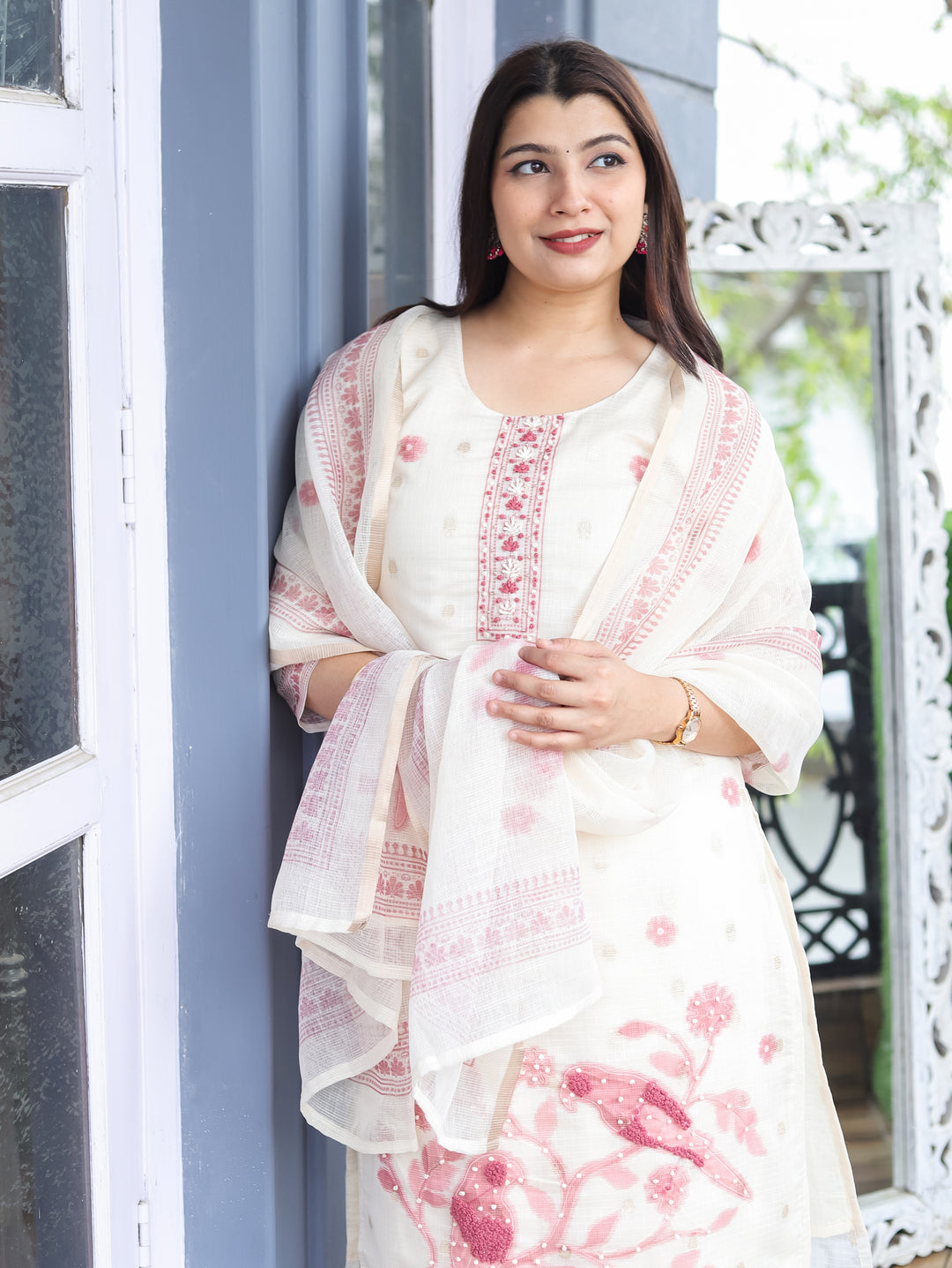 Sofia Off-White Mauve Bird Kota Doriya 3 Piece Set