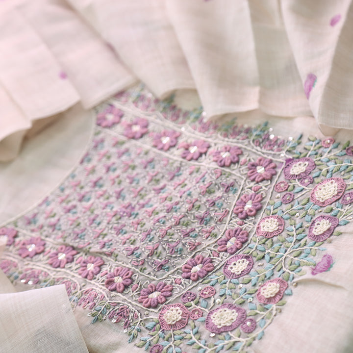 Marjaniya Beige Purple Thread Embroidered Neck Work Jamdani Suit Set