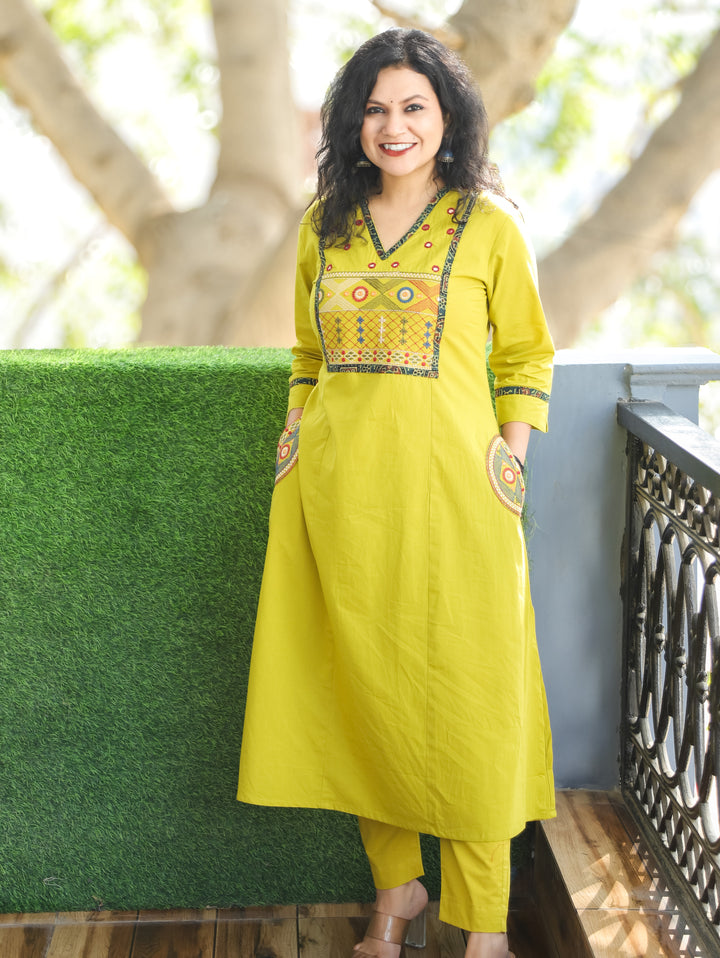 Keshvi Lime Yellow Thread Embroiered Neck with Patra Cotton Kurti with Pocket