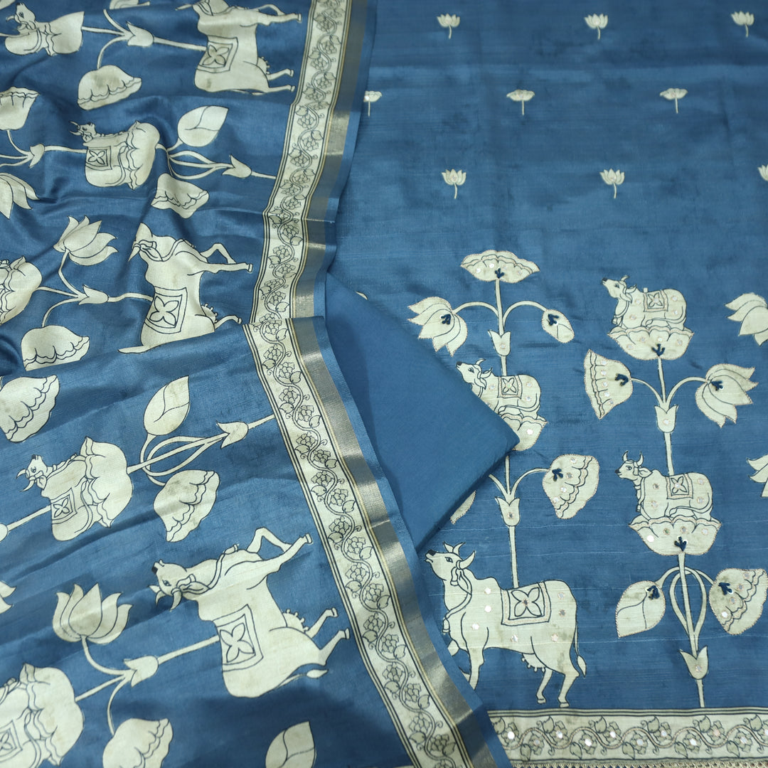 Saatvi Sapphire Blue Pichwai Print with Zari Patra Work Tussar Chanderi Silk Set