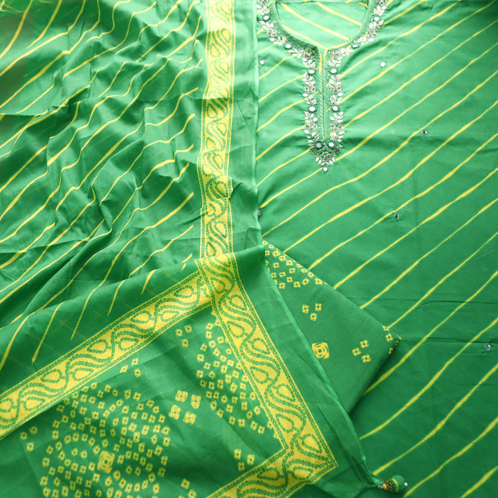 Bilori Broccoli Green Embellish Neck with Leheriya Print Cotton Set