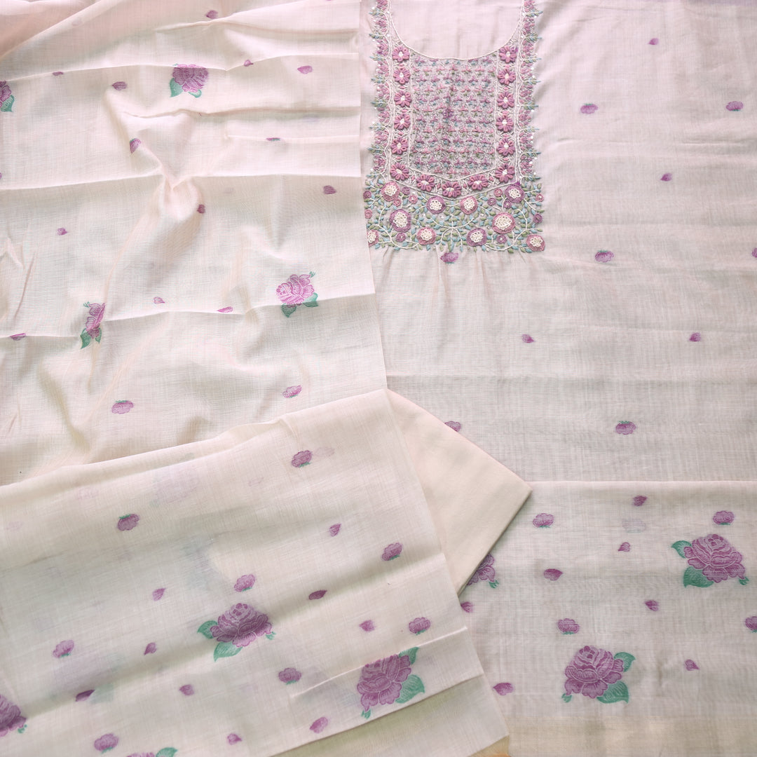 Marjaniya Beige Purple Thread Embroidered Neck Work Jamdani Suit Set