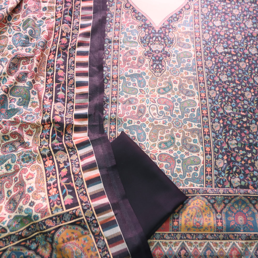 विशाखा Black Panel Style Digital Kashmiri Printed Semi Pashmina Winter Suit Set