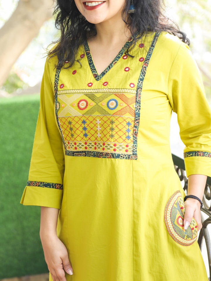 Keshvi Lime Yellow Thread Embroiered Neck with Patra Cotton Kurti with Pocket