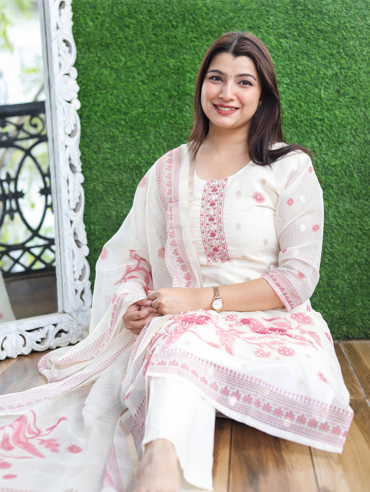 Sofia Off-White Mauve Bird Kota Doriya 3 Piece Set