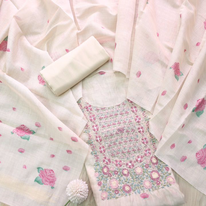 Marjaniya Beige Hot Pink Thread Embroidered Neck Work Jamdani Suit Set
