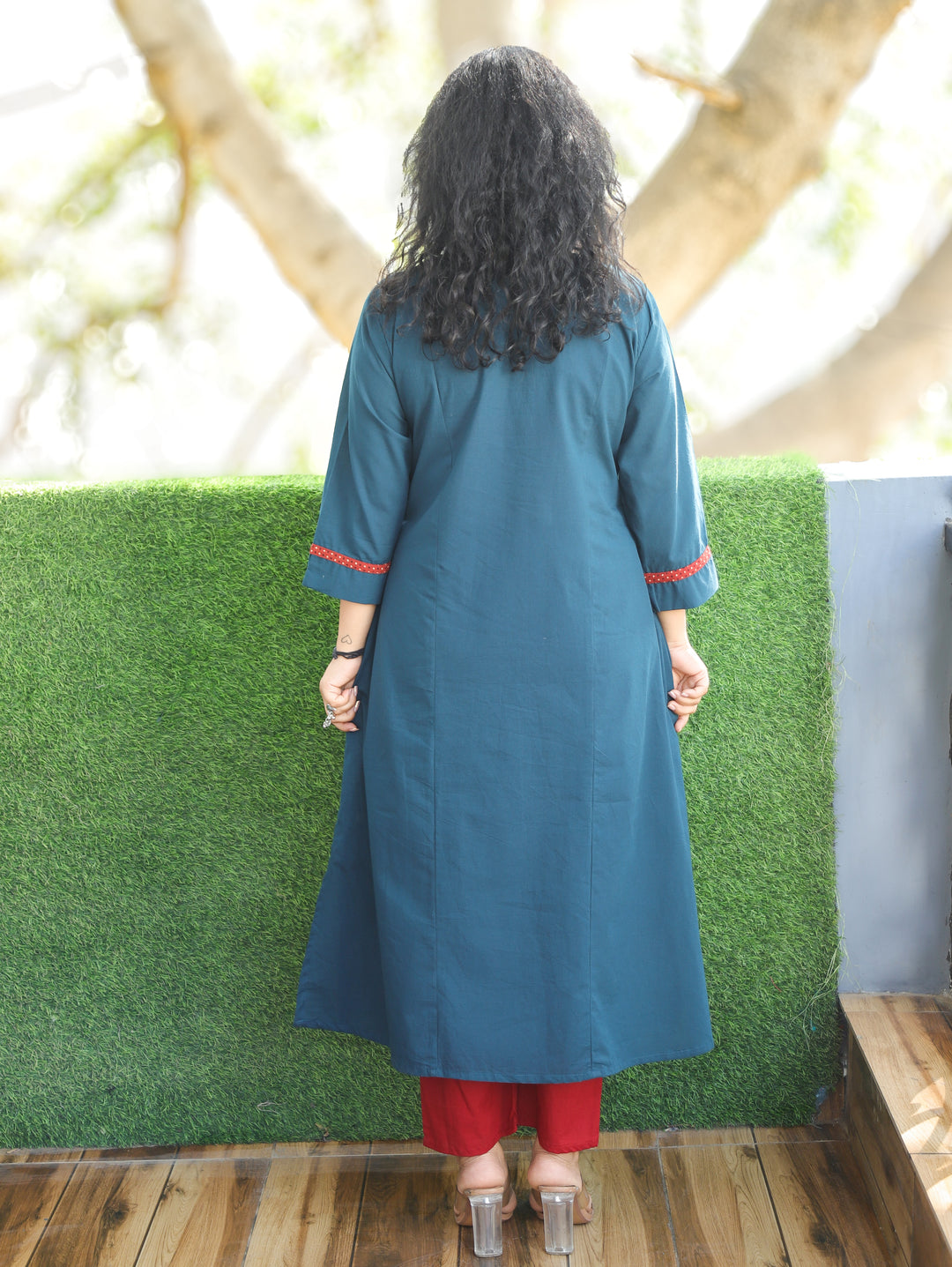 Keshvi Cerulean Teal Thread Embroiered Neck with Patra Cotton Kurti with Pocket