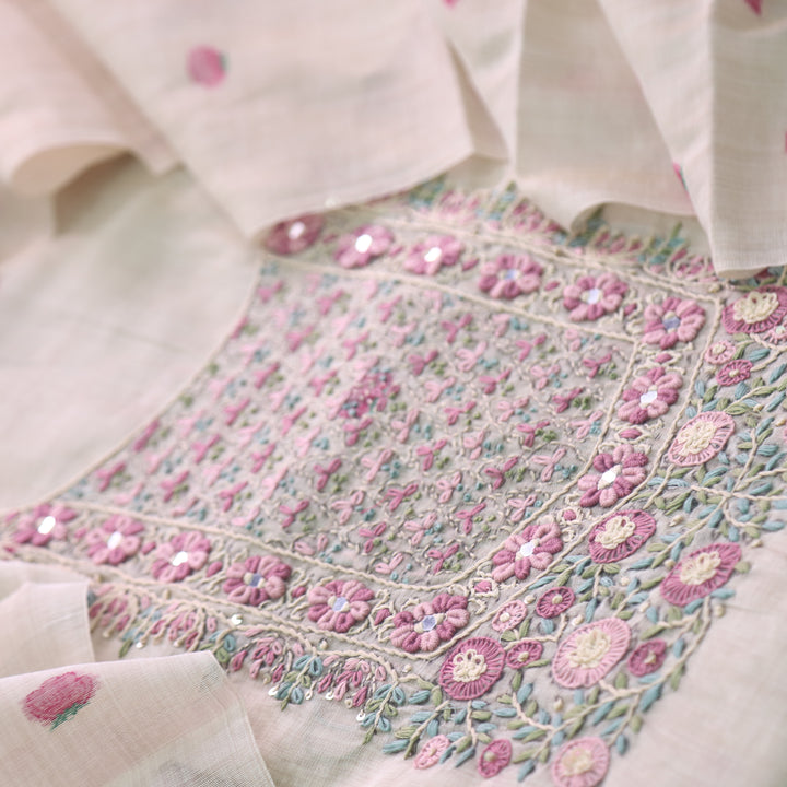 Marjaniya Beige Hot Pink Thread Embroidered Neck Work Jamdani Suit Set