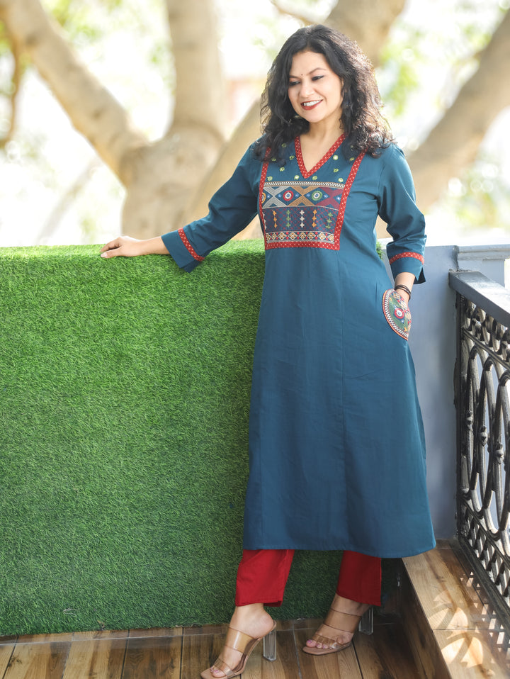 Keshvi Cerulean Teal Thread Embroiered Neck with Patra Cotton Kurti with Pocket