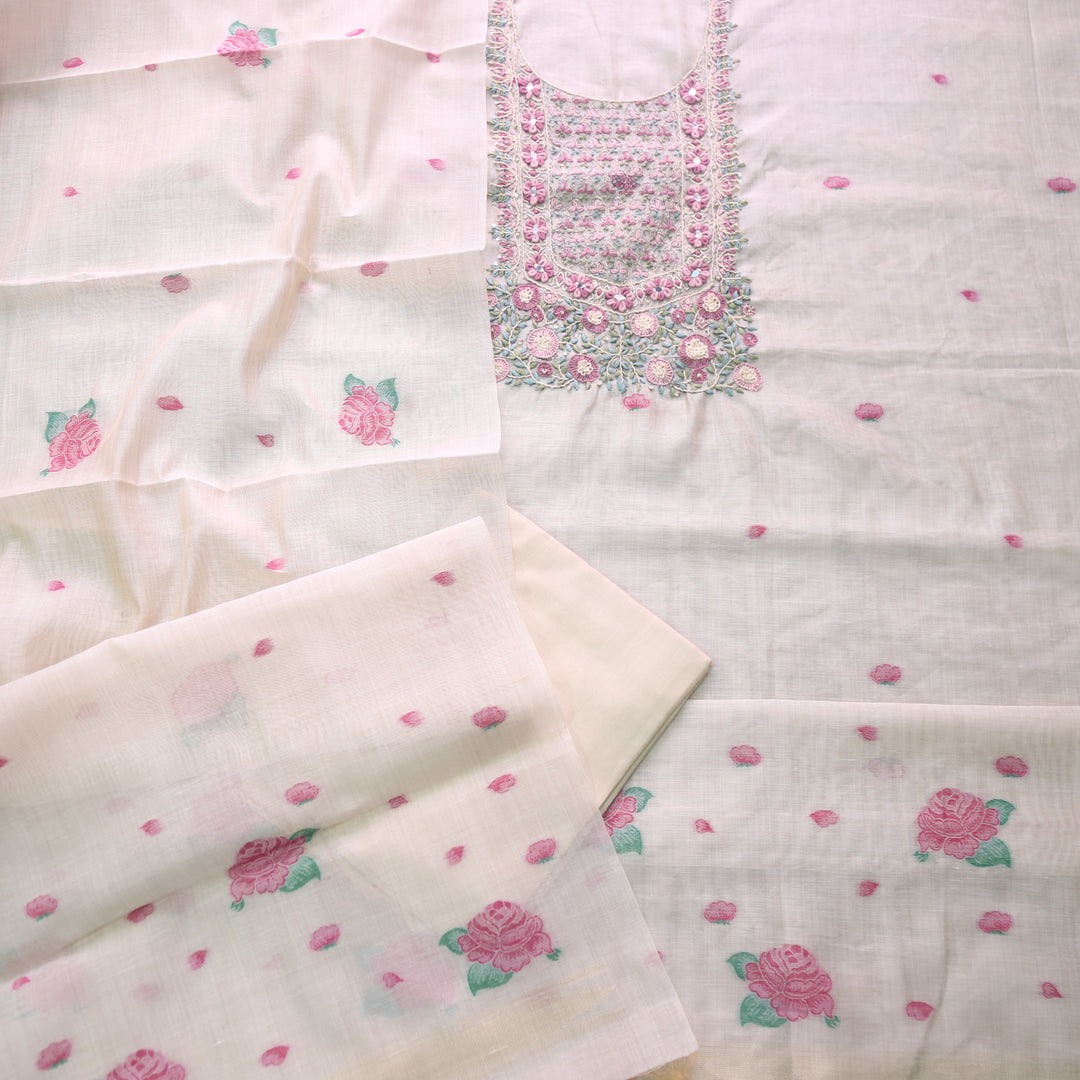 Marjaniya Beige Hot Pink Thread Embroidered Neck Work Jamdani Suit Set