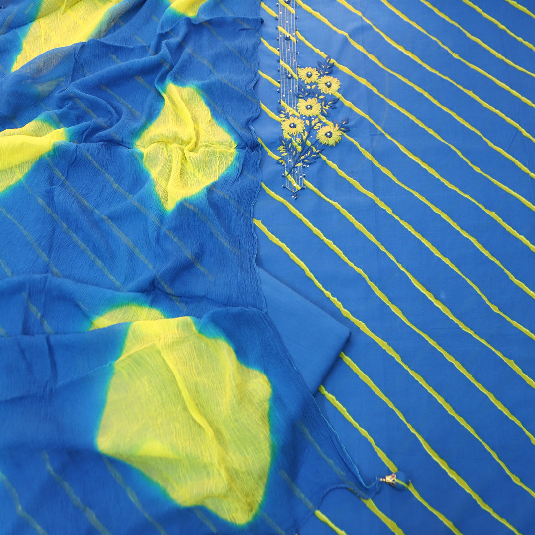 Meher Sapphire Blue Thread work Leheriya Print Cotton Set