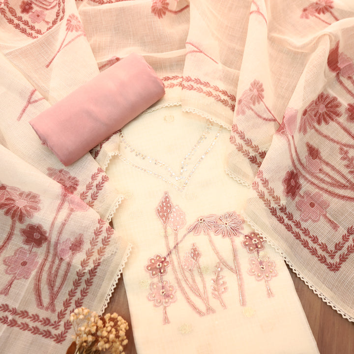 Rubiya Cream White with Mauve Floral Print with Kardana and Zari Kota Doriya Set