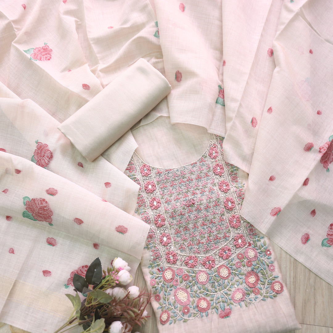 Marjaniya Beige Ruby Red Thread Embroidered Neck Work Jamdani Suit Set