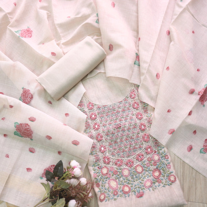 Marjaniya Beige Ruby Red Thread Embroidered Neck Work Jamdani Suit Set